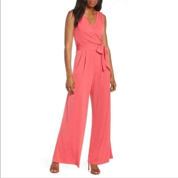 Eliza J Faux Wrap Wide Leg Jumpsuit In Strawberry XS NWT - Picture 1 of 9